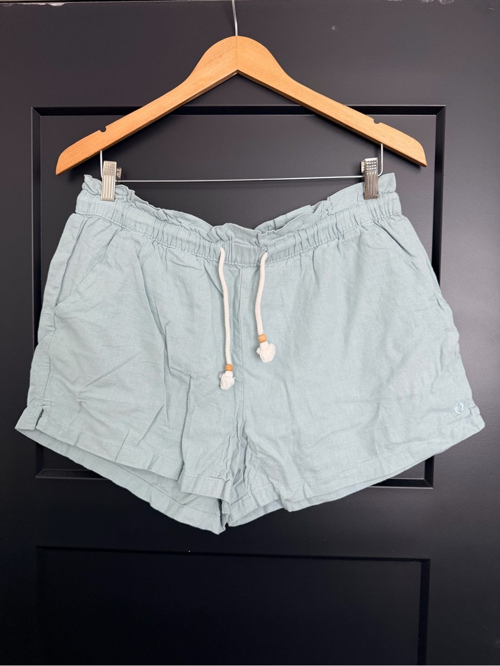 Hang Ten Linen Blend Paperbag Pull On Shorts Light Blue Tassel Drawstring L